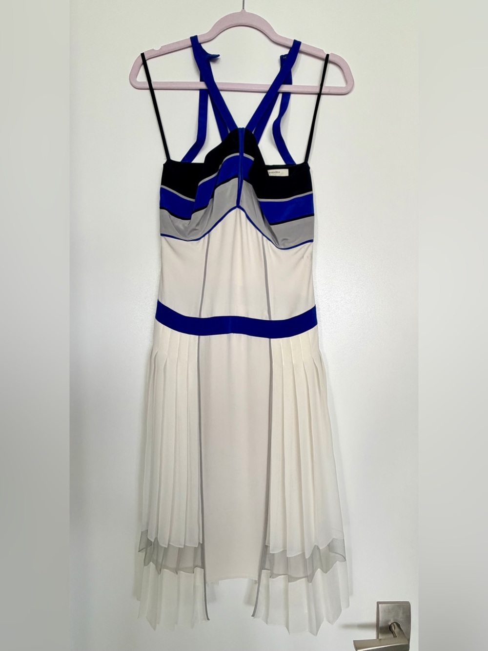 BCBGMaxAzria Runway White Dress with Royal Blue, Black, and Gray Accents. XS